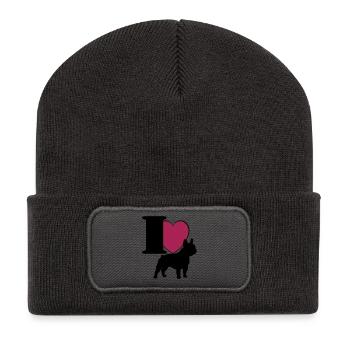 Bouledogue français j'adore ... / + - Beanie recyclé à patch - charbon - Devant