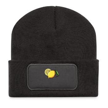 Zitrusleuchten: Gelbe Zitrone mit Blättern - Recycelte Patch Beanie - Dunkelgrau - Vorne