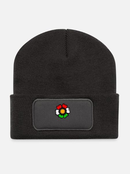 Pop-Art Blütenstern in Leuchtfarben - Recycelte Patch Beanie - Dunkelgrau