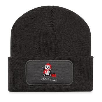 Pandabär wünscht Merry X Mas, Frohe Weihnnachten - Recycelte Patch Beanie - Dunkelgrau - Vorne