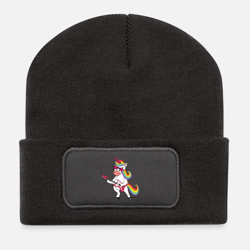 Rainbow Rock Unicorn with Guitar - Recycled Patch Beanie - dark grey