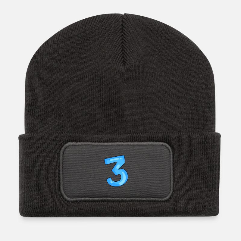 Zahl 3 Blau - Recycelte Patch Beanie - Dunkelgrau