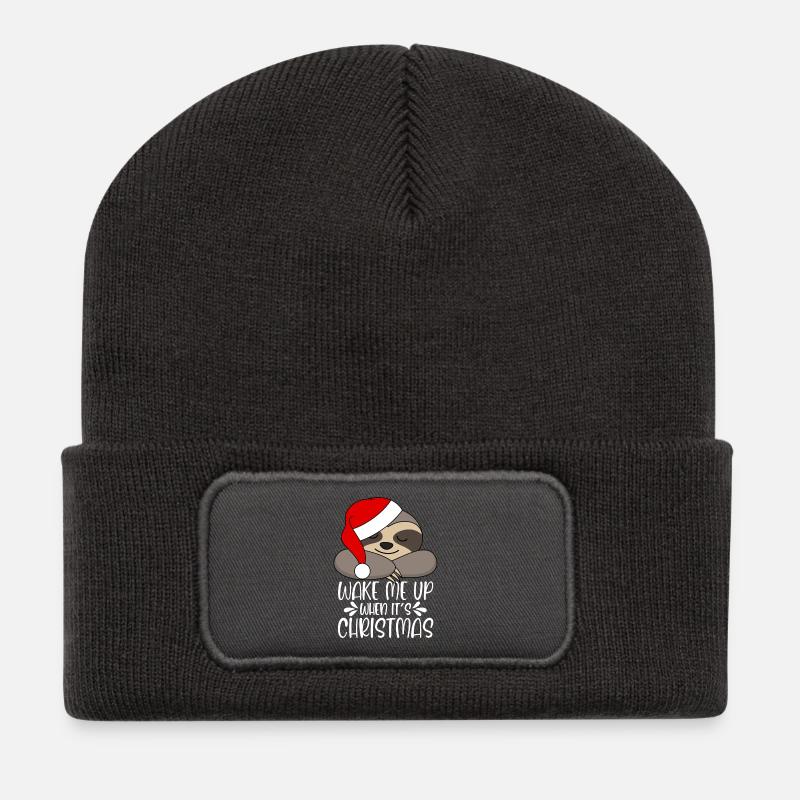Weck mich wenn es Weihnachten ist Faultier - Recycelte Patch Beanie - Dunkelgrau