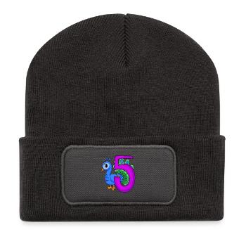 5 years old - 5th birthday - Peacock bird motif - Recycled Patch Beanie - dark grey - Front
