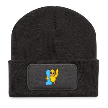 1 Jahr alt - Einschulung - Ente Motiv - Recycelte Patch Beanie - Dunkelgrau - Vorne