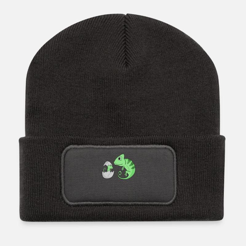 Caméléon avec bébé caméléon - Beanie recyclé à patch - charbon