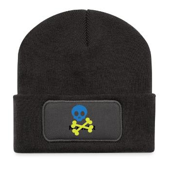 Neonblauer Totenkopf und gekreuzte Knochen - Recycelte Patch Beanie - Dunkelgrau - Vorne