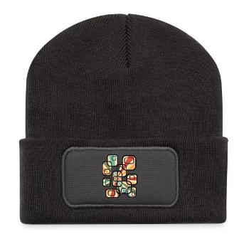 Modèle de papier peint des années 70 Motif rétro cuboïde - Beanie recyclé à patch - charbon - Devant