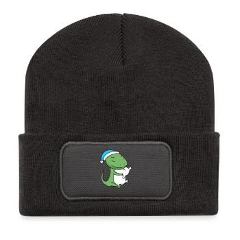 Eidechse mit Kissen und Schlafmütze - Recycelte Patch Beanie - Dunkelgrau - Vorne