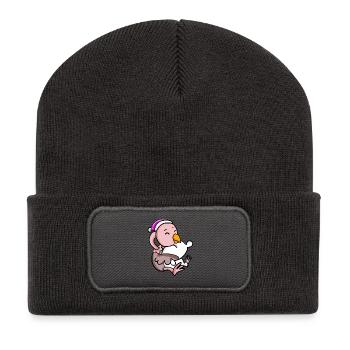 Strauß mit Kissen und Schlafmütze - Recycelte Patch Beanie - Dunkelgrau - Vorne