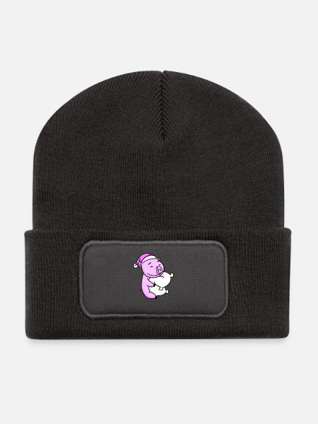 Cochon avec oreiller et bonnet de couchage - Beanie recyclé à patch - charbon