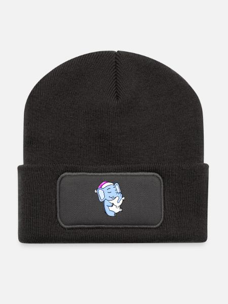 Elefant mit Kissen und Schlafmütze - Recycelte Patch Beanie - Dunkelgrau