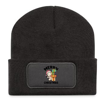 Frohe Weihnachten Schaf mit Geschenke - Recycelte Patch Beanie - Dunkelgrau - Vorne