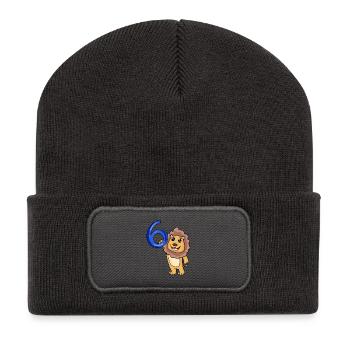 6 ans - 6ème anniversaire avec motif animal - Lion - Beanie recyclé à patch - charbon - Devant