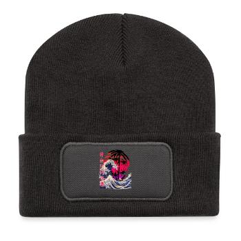 die große Welle vor kanagawa retro - Recycelte Patch Beanie - Dunkelgrau - Vorne