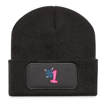 1 Jahr alt - Einschulung - Fledermaus Motiv - Recycelte Patch Beanie - Dunkelgrau - Vorne