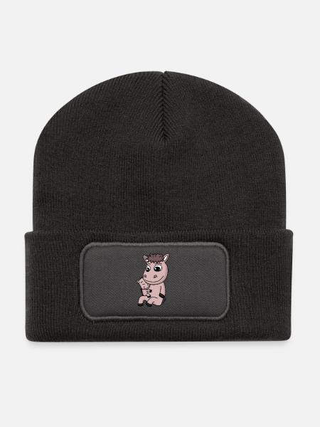 Pferd Familie - Pferd mit Baby - Recycelte Patch Beanie - Dunkelgrau