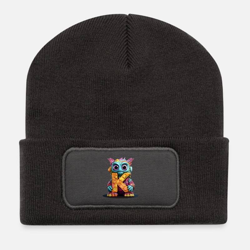 Puppe mit Buchstabe X Alphabet Buchstabe K - Recycelte Patch Beanie - Dunkelgrau