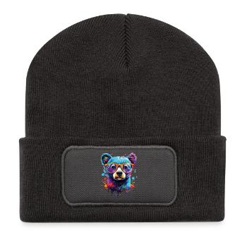 Ours coloré - Ours brun Ours en peluche - Grizzly - Beanie recyclé à patch - charbon - Devant