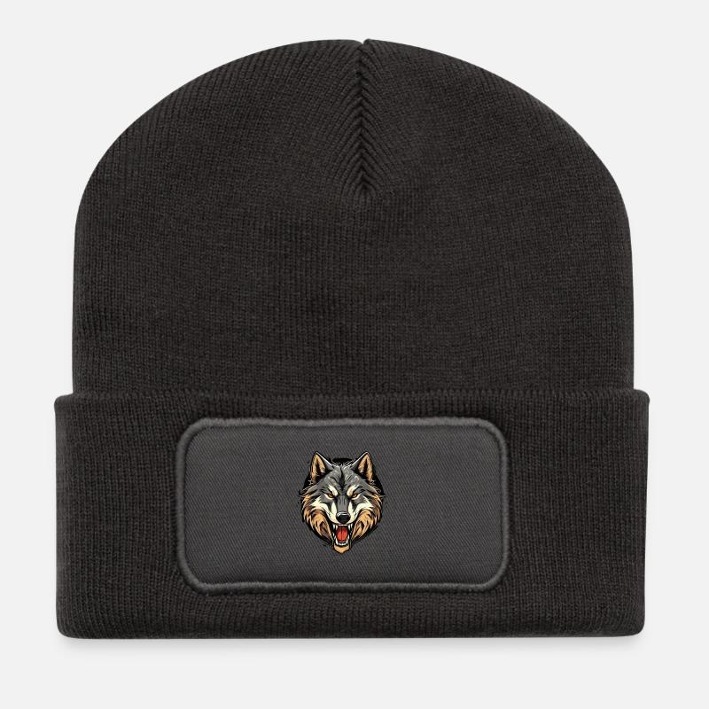 Wolfsgewitter Kopfprint - Recycelte Patch Beanie - Dunkelgrau