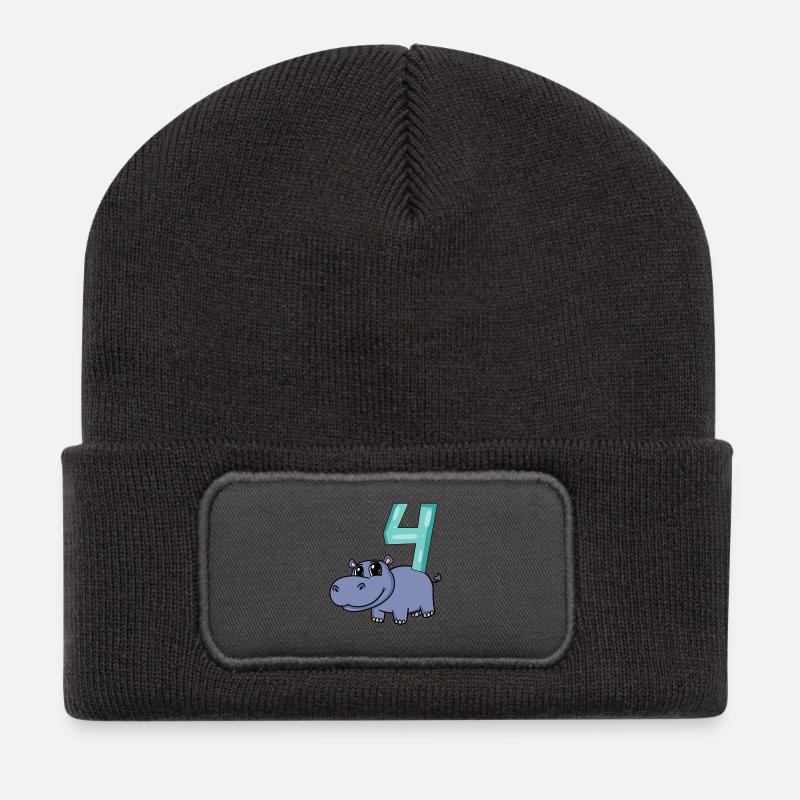 4. Geburtstag Motiv Nilpferd - vier Jahre alt - Recycelte Patch Beanie - Dunkelgrau