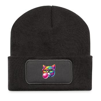 Bunte Katze mit Brille und Kaugummi-Design - Recycelte Patch Beanie - Dunkelgrau - Vorne