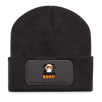 Halloween fantôme citrouille chat noir chapeau de sorcière Boo - Beanie recyclé à patch - charbon - Devant