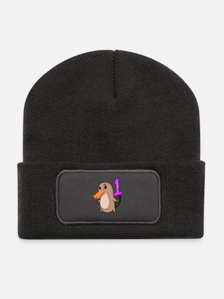 1 Jahr alt - Einschulung - Schnabeltier Motiv - Za - Recycelte Patch Beanie - Dunkelgrau