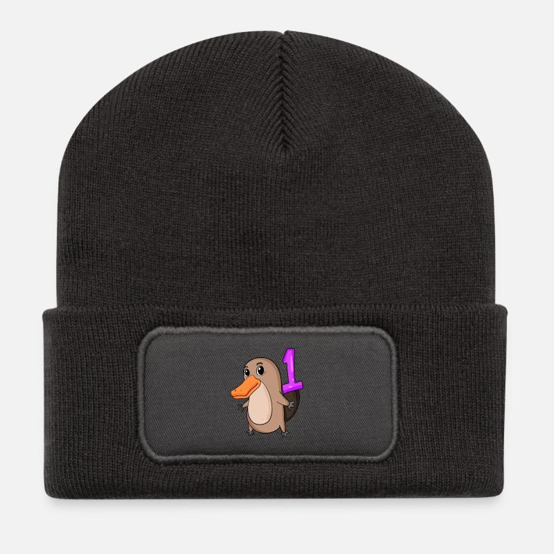 1 Jahr alt - Einschulung - Schnabeltier Motiv - Za - Recycelte Patch Beanie - Dunkelgrau