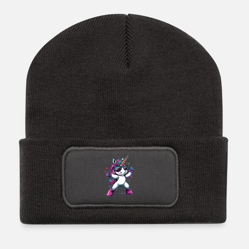 Cooles dabbendes Einhorn mit Sonnenbrille - Recycelte Patch Beanie - Dunkelgrau