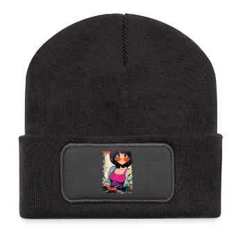 Anime DJ Mädchen mit Schallplatte - Recycelte Patch Beanie - Dunkelgrau - Vorne