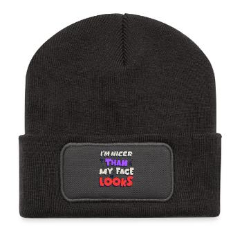 Ich bin netter als mein Gesicht aussieht Lustiges Sarkastisches Zitat - Recycelte Patch Beanie - Dunkelgrau - Vorne