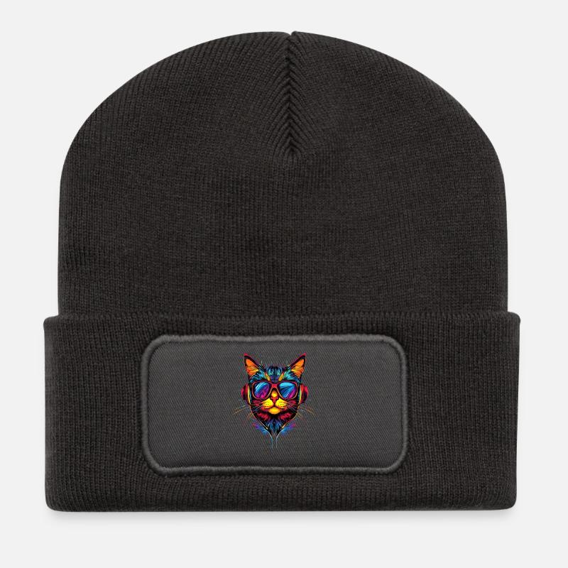 Katze Sonnenbrille Kopfhörer Musik Bunt DJ Katzen - Recycelte Patch Beanie - Dunkelgrau