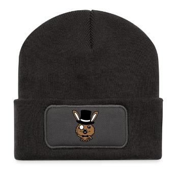 Sir Hase Monokel Brille Bart Zylinder Hut Mr. Herr - Recycelte Patch Beanie - Dunkelgrau - Vorne