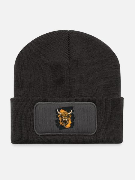 Schottisches Hochlandrind - Recycelte Patch Beanie - Dunkelgrau
