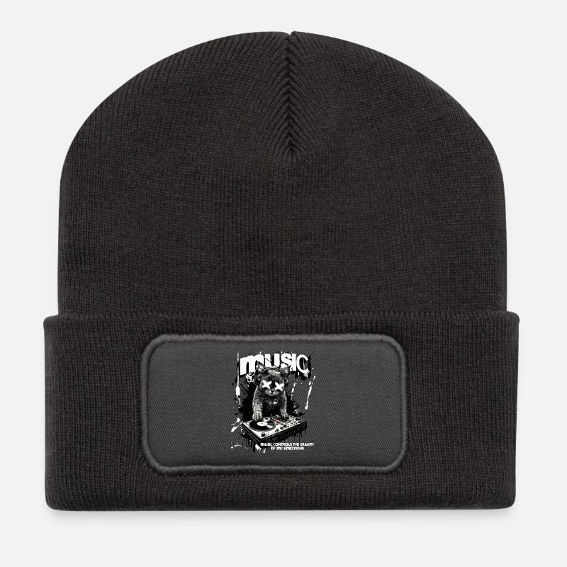 Musik Katze DJ Party Turntables Fun - Recycelte Patch Beanie - Dunkelgrau