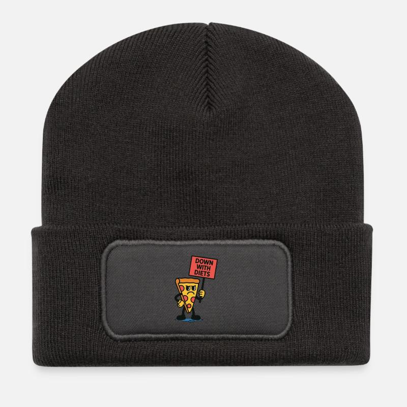 Pizza mit Schild „Nieder mit Diäten!“ - Recycelte Patch Beanie - Dunkelgrau