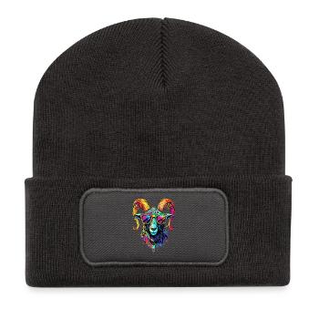 Widder Mufflon Aries Wilde Schafe Männliches Schaf - Recycelte Patch Beanie - Dunkelgrau - Vorne