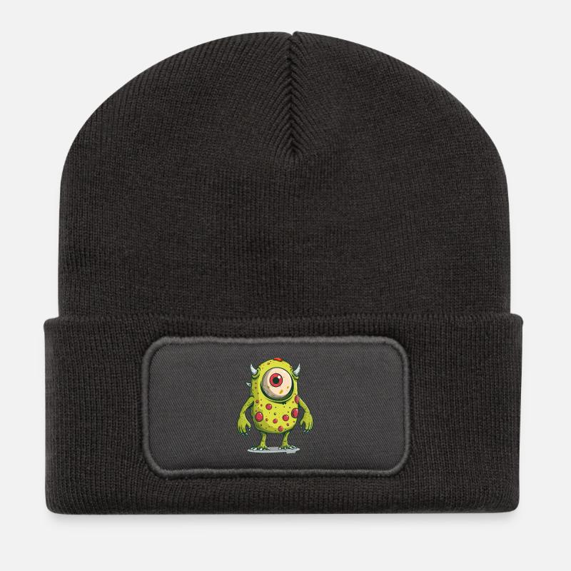 Grünes Einauge-Monster mit Hörnern und Flecken - Recycelte Patch Beanie - Dunkelgrau