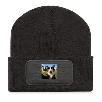 Funny Cat Cow Selfie Gift Idea - Recycled Patch Beanie - dark grey - Front