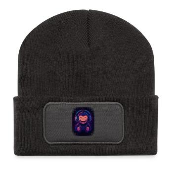 Cooler Affe mit Kopfhörern, Brille und Gamepad - Recycelte Patch Beanie - Dunkelgrau - Vorne