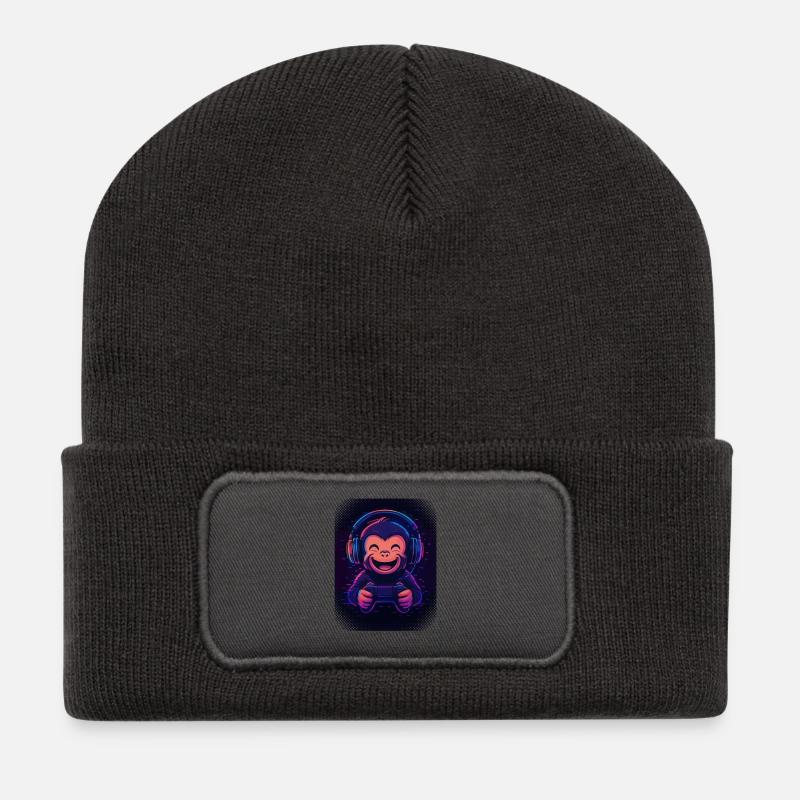 Cooler Affe mit Kopfhörern, Brille und Gamepad - Recycelte Patch Beanie - Dunkelgrau