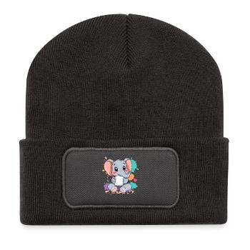 Niedlicher Elefanten-Design mit Kaffeetasse - Recycelte Patch Beanie - Dunkelgrau - Vorne