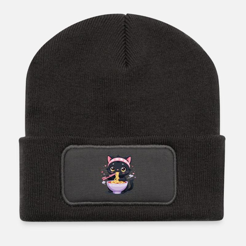 Chat noir dégustant ramen japonais - Beanie recyclé à patch - charbon
