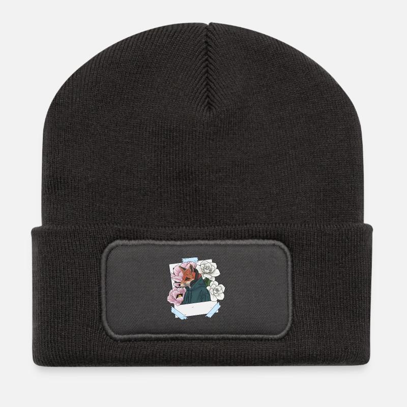 Fuchs mit Kopfhörern und Blumenthema - Recycelte Patch Beanie - Dunkelgrau