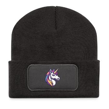 Bunter Einhorn Kopf Illustration - Recycelte Patch Beanie - Dunkelgrau - Vorne
