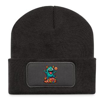 Verspieltes Troll-Kunstwerk mit Süßigkeiten  - Recycelte Patch Beanie - Dunkelgrau - Vorne