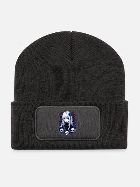 Mystische Gothic Anime Design mit Blaufloralen - Recycelte Patch Beanie - Dunkelgrau