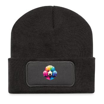 Bunter geometrischer Pudel im polygonalen Stil - Recycelte Patch Beanie - Dunkelgrau - Vorne