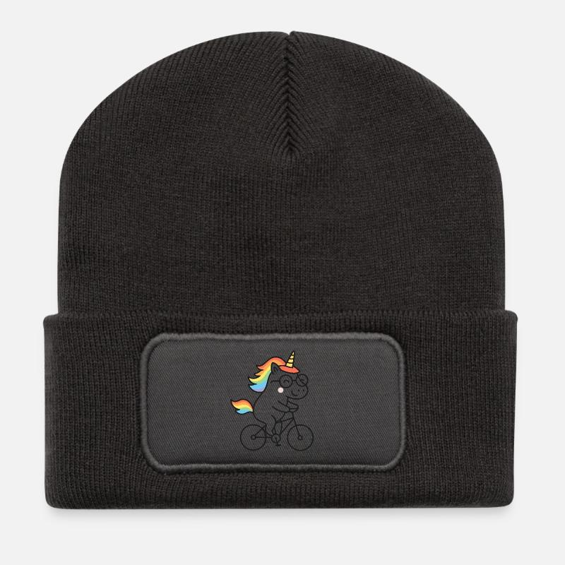 Regenbogen-Einhorn auf Fahrrad - Recycelte Patch Beanie - Dunkelgrau